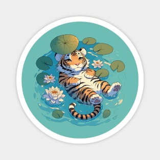 Kawaii Anime Tiger Bath With Water Lily Magnet